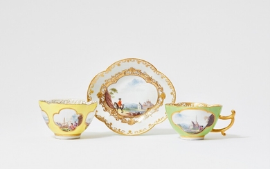 Three items of Meissen porcelain with coloured grounds and water landscapes