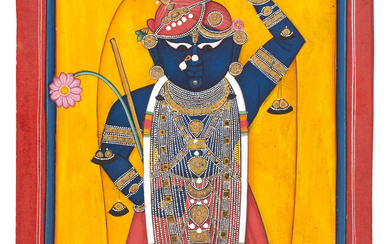 Three paintings depicting Sri Nath-Ji adorned in temple alcoves Kotah,...