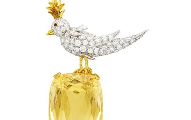 Tiffany & Co., Schlumberger Gold, Platinum, Citrine, Diamond and Cabochon Ruby 'Bird on a Rock' Brooch