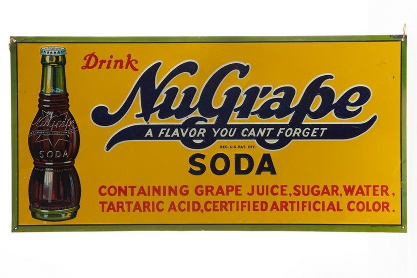 Tin Sign with raised letters for "Nu Grape Soda / A Flavor You Can't Forget", marked lower right