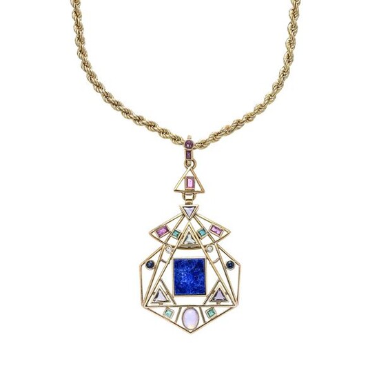 Torchon necklace and pendant in yellow gold, lapis lazuli, pink tourmaline, diamonds and moonstone