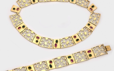 Tourmaline-Demi Parure des années 1960 Collier et bracelet correspondant. Or jaune, taille 585. Large bande...