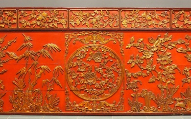 Travail de Ningbo - Chine fin XIXe siècle, Grand panneau en bois laqué rouge et...