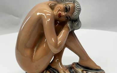 Triart Bassano Italian Art Deco Pottery Seated Nude Figure - Figurine - Ceramic