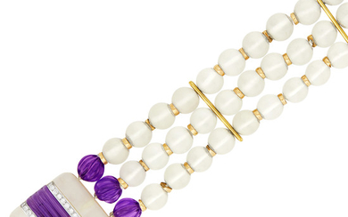 Triple Strand Frosted Rock Crystal and Fluted Amethyst Bead, Gold and Diamond Bracelet and Pair of Earclips