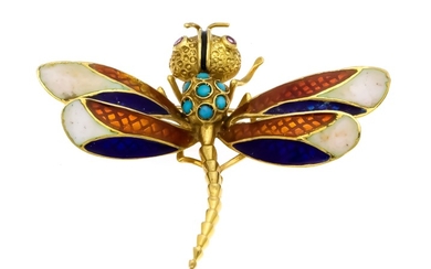 Turquoise enamel brooch Dragonfly GG 750/000 with 7...