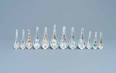 Twelve Chinese famille rose spoons for the Straits or Peranakan market, 19/20th C.