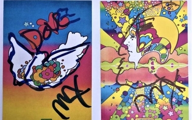 Two [2] Peter Max Autographed & Doodled Post Cards