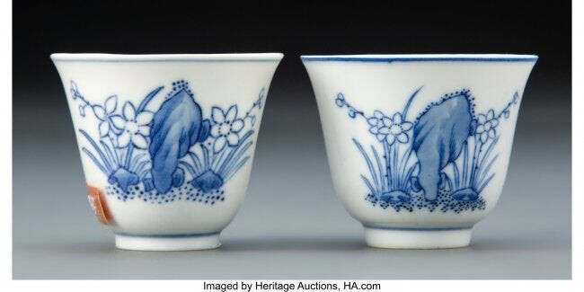 Two Chinese Blue and White Wine Cups Marks to on