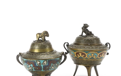 Two Chinese tripod censers of patinated bronze, decorated with cloisonné, 19th century (2)