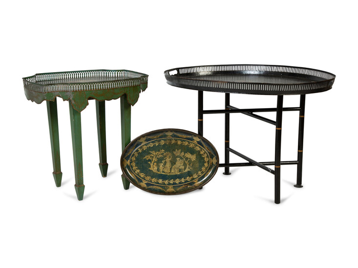 Two Regency Style Tole Tables and a Small Oval Tray