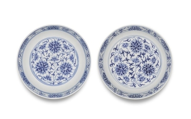 Two blue and white 'lotus' saucer dishes, Marks and period of Guangxu | 清光緒 青花纏枝蓮紋盤一組兩件 《大清光緒年製》款, Two blue and white 'lotus' saucer dishes, Marks and period of Guangxu | 清光緒 青花纏枝蓮紋盤一組兩件 《大清光緒年製》款