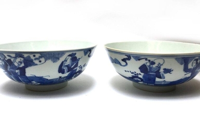 Two blue, white porcelain bowls with characters decoration,...