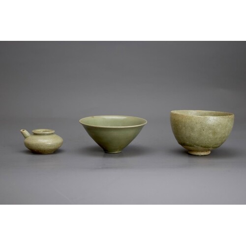 Two celadon Bowls and a small spouted celadon Ewer,Song /Yua...