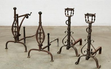 Two pairs of Baroque style wrought iron andirons