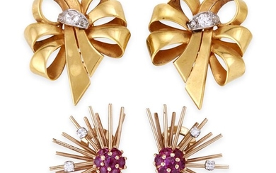 Two pairs of gold and gem-set earrings one pair...