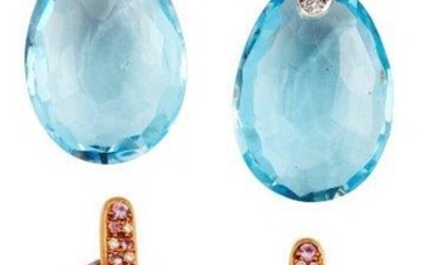 Two pairs of gold gem-set and diamond facetted drop earrings, 'Capsule', by Robinson Pelham, c. 2011, set with facetted pear-shaped blue topaz and amethyst drops respectively, to brilliant-cut diamond and circular-cut blue topaz and pink sapphire...