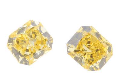 Two rectangular-shape natural fancy coloured diamonds, total weight 0.51ct, with GIA reports.