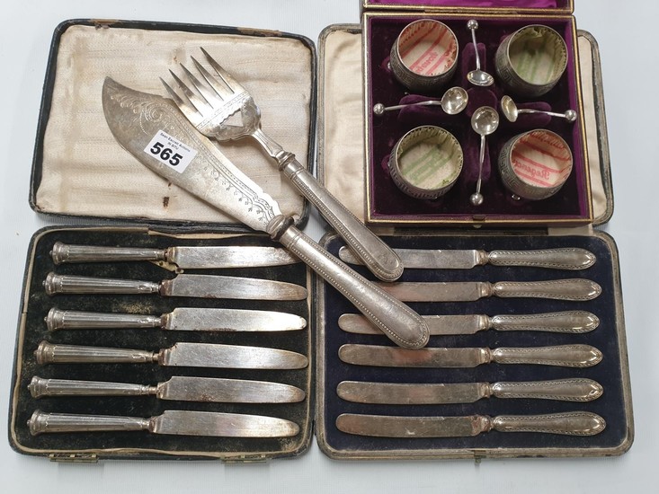 Two sets of silver handled Knives along with a Fish serving ...