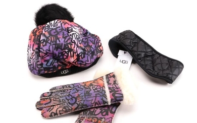 UGG Graffiti Shearling Tech Gloves, Pom-Pom Beanie and Quilted Headband