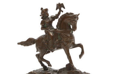 UNKNOWN ARTIST. Sculpture, bronze. Horseman with a hunting falcon. It's unsigned.