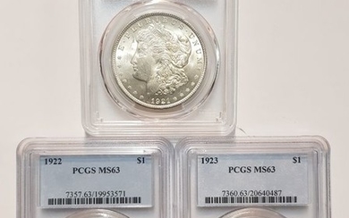 USA - Dollars(Morgan) 1921 + Dollar (Peace) 1922 + 1923 (3 pieces) inPCGS Slabs - Silver