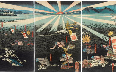 UTAGAWA KUNIYOSHI (1797-1861), At Fujito Harbour in Nishikawajiri, Harima Province, Sasaki Moritsuna Crosses the Inland Sea on Horseback (Banshu Nishikawajiri Fujito hama Sasaki Moritsuna kiba ni te umi o wataru)