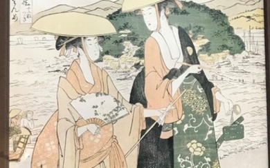 UTAMARO KITAGAWA Deux courtisanes Estampe portant le cachet de l'éditeur Omiya Gonkuro 27 x 41...