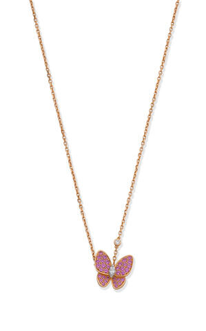 VAN CLEEF & ARPELS: PINK SAPPHIRE AND DIAMOND 'TWO BUTTERFLY' PENDANT NECKLACE