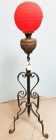 VICT. WROUGHT IRON PIANO LAMP W/ RED GLOBE SHADE 59"