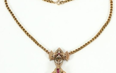 VICTORIAN, 14KT GOLD, RUBY & PEARL NECKLACE