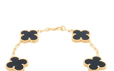Van Cleef & Arpels 18K Yellow Gold Black Onyx 5 Motifs Vintage Alhambra Bracelet
