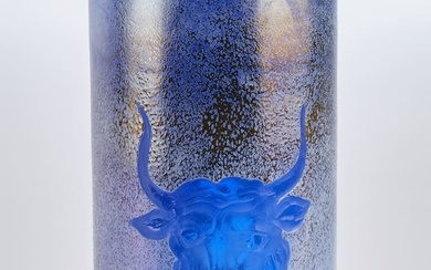 Verrerie Schmid, Zwiesel, vase, verre d'étude, pièce unique, bleu, avec surimpression lubrique, décor en creux...