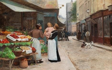 Victor Gabriel Gilbert, 1847 Paris – 1935 ebenda, STRASSENSZENE MIT WOCHENMARKT VOM ALTEN PARIS
