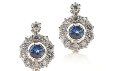 Victorian - 18 kt. Silver, Yellow gold - Earrings - 0.80 ct Sapphire - Diamonds