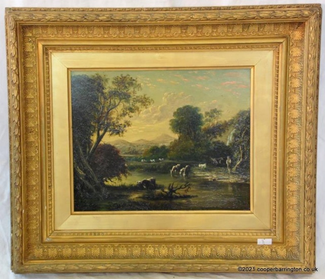 Victorian 19th Century Oil Painting on Board 'Cattle Watering'....