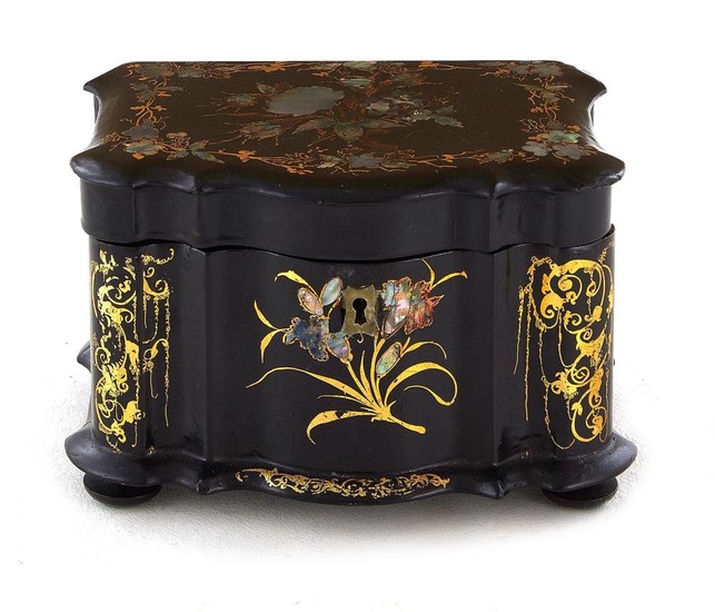 Victorian gilded nacre-inlaid papier-mache tea caddy