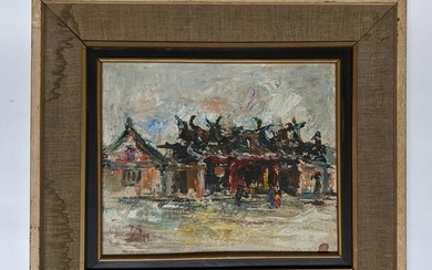 Village Scene - Oil on Canvas Painting
