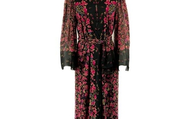 Vintage LEONARD Black and Pink Floral Maxi Dress w/