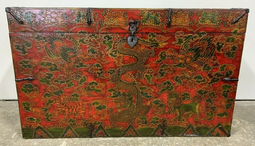 Vintage Wooden Hand Painted Asian Trunk