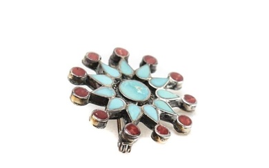 Vintage Zuni Sterling Silver Petite Point Brooch Turquoise and Coral inlay