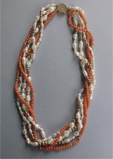 Vintage multi strand Coral, Pearl, and 14k yellow gold beads with 14k clasp FR3SH
