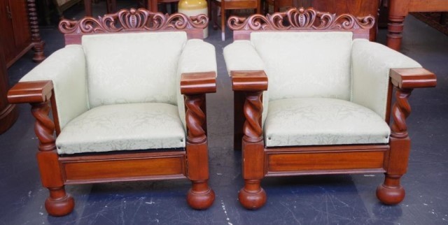 Vintage pair of single seat sofa chairs with barley twist su...