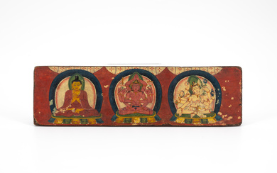 WOODEN PART OF A BOOK COVER WITH COLOURED DEPICTIONS OF THREE DEITIES