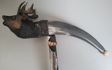Walking stick - deer head - Deer - bull horn - silver - wood - Early 20th century