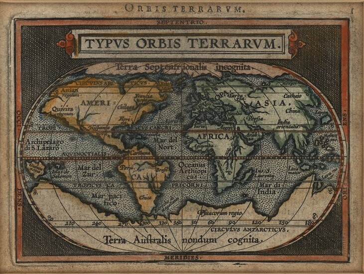 [Worldmaps]. "Typus Orbis Terrarum". Handcol. engr. map by A. ORTELIUS,...