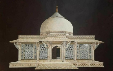 antique painting of architectural view of mausoleum of