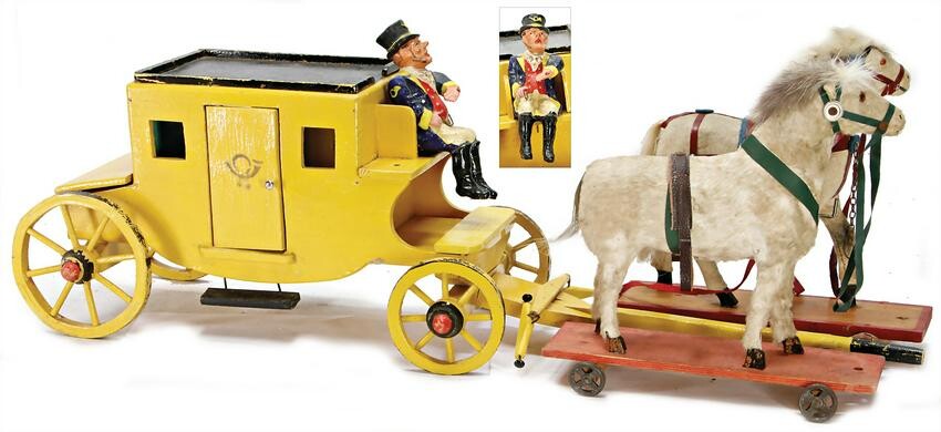 stagecoach, wood, colored, with coachman, 2 draught