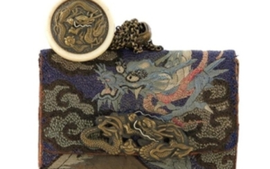 Japanese embroidered tobacco pouch, and mixed metal plaquette (2pcs)