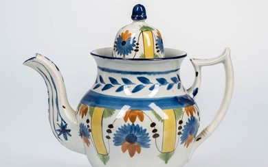 Polychrome Decorated Pearlware Teapot, England, early 19th century, with flower and leaf decoration, ht. 9 1/4 in.